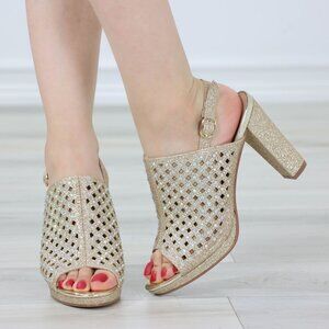 Sparkly Rhinestone Glitter Champagne Platform High Heels Open Toe Party Shoes